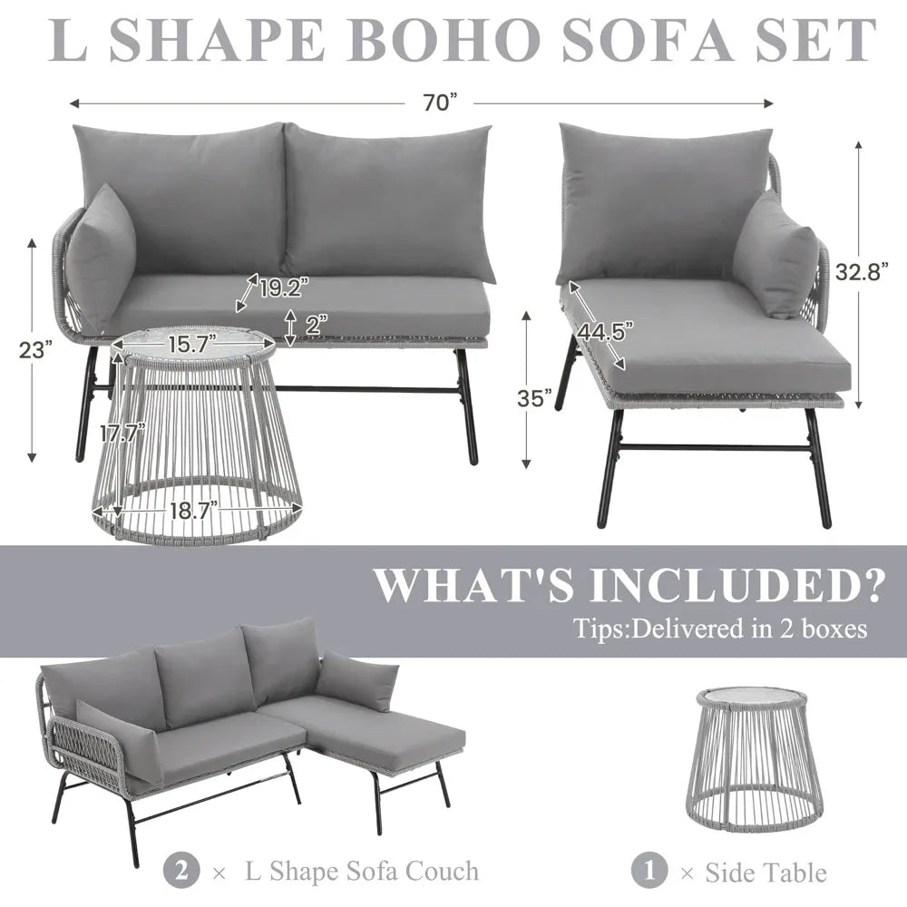 3-Piece Outdoor Patio Furniture Set, L-Shaped Rattan Sectional Sofa with Thick Cushions, Glass Coffee Table