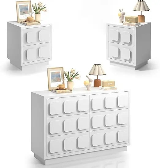 3 Pcs Bedroom Sets, Large 6 Drawer Dresser and Night Stand Sets for Bedroom with Chocolate Handle, Two Drawers Nightstand Set o