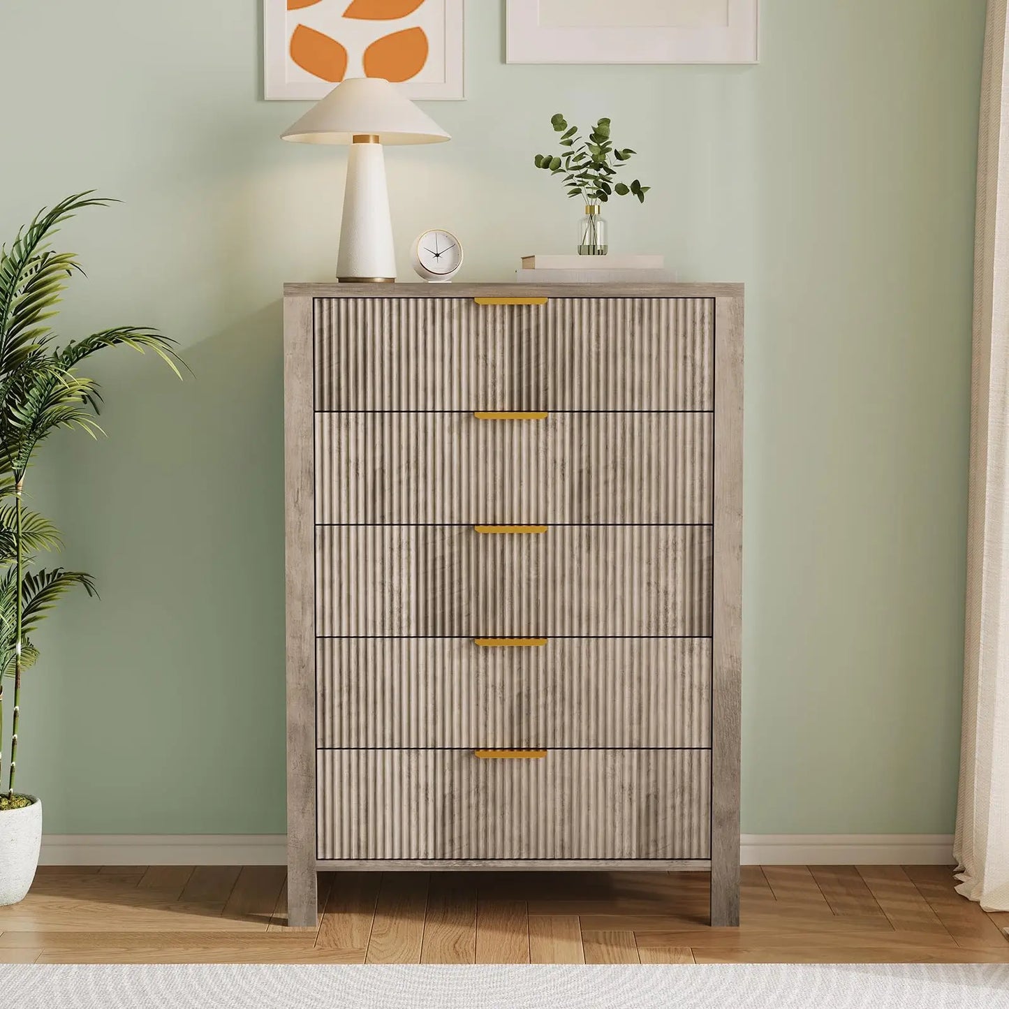 5-Drawer Tall Oak Dresser With Gold Handles, Modern Wood Storage Cabinet Organizer For Bedroom, Living Room, Hallway & Entryway