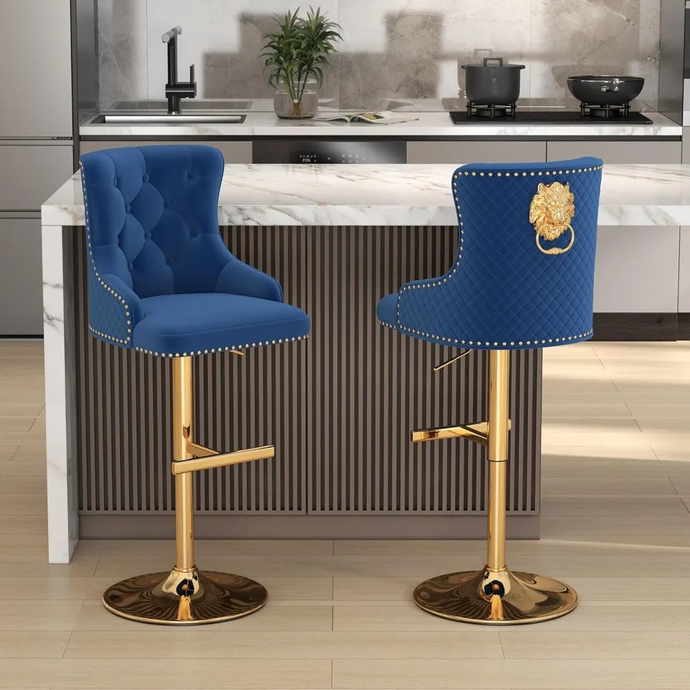 Bar Stools Set of 2, Golden Base Counter Height Stools with Footrest, Velvet Adjustable Swivel Kitchen Island Chair with Uphols