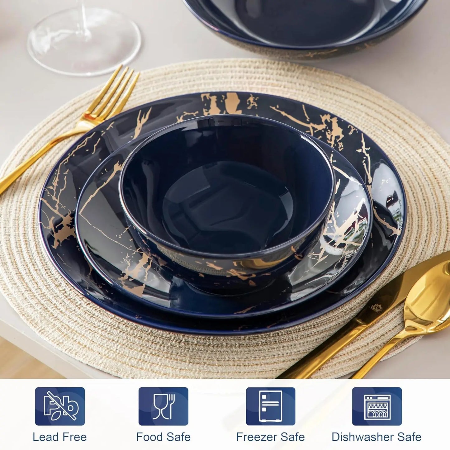 Plates and Bowls Sets for 6, 24 Pieces Porcelain Dinnerware Sets, Dark Blue and Gold Dish Set Gold Splash Dishware Sets, Dishwas