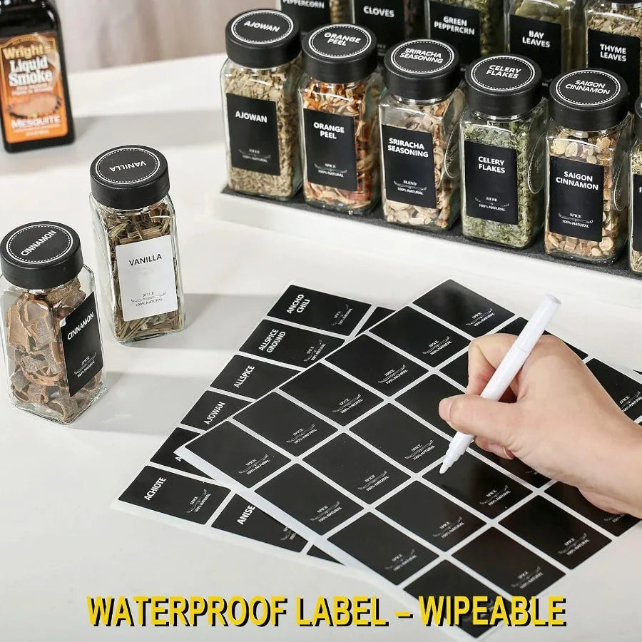 24Pcs Spice Jars Containers with Labels，4oz Black Seasoning Bottles with Shaker Lids for Rack, Cabinet, Drawer,Empty Square Cond