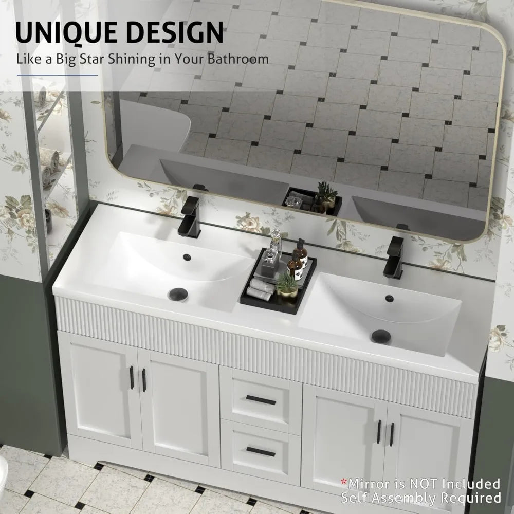 60" Bathroom Vanities Sink Combo with Painted Surface, Modern Drawered Cabinet W/Decorative Wave Lines, Undermount Double Sink
