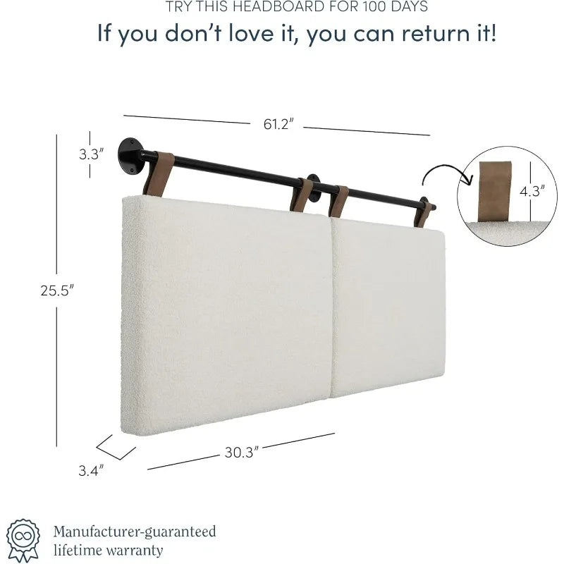 Nathan James Charlie Wall Mount Hanging Upholstered Headboard, Queen, White Boucle with Brown Faux Leather Straps