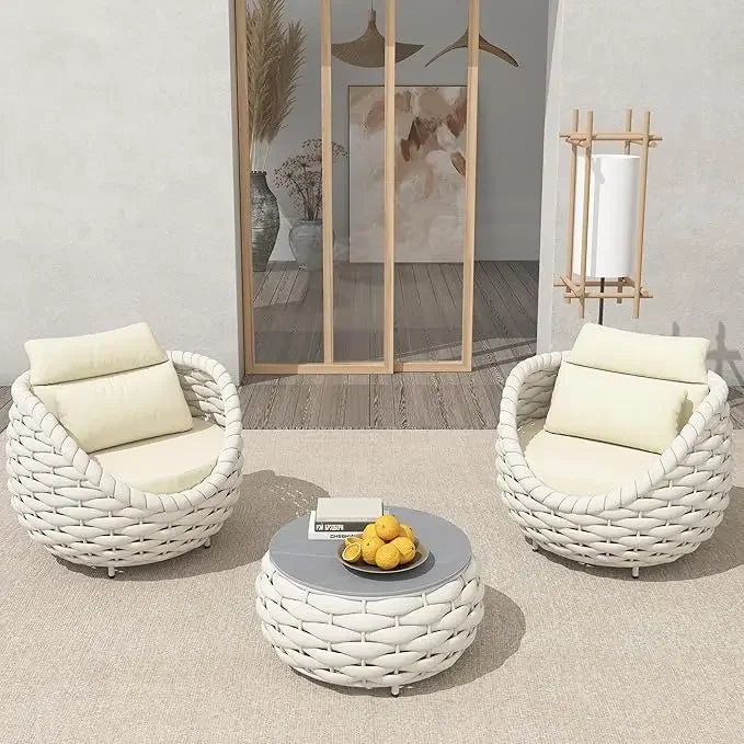 3 Pieces Aluminum Patio Furniture Set, Hand Woven Polyester Rope Modern Outdoor Set W/Washable Cushion