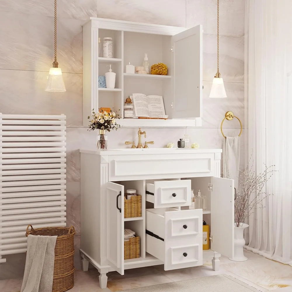 36'' Bathroom Vanity with Matching Medicine Cabinet and Ceramic Sink, Traditional Freestanding Bathroom Storage Cabinet