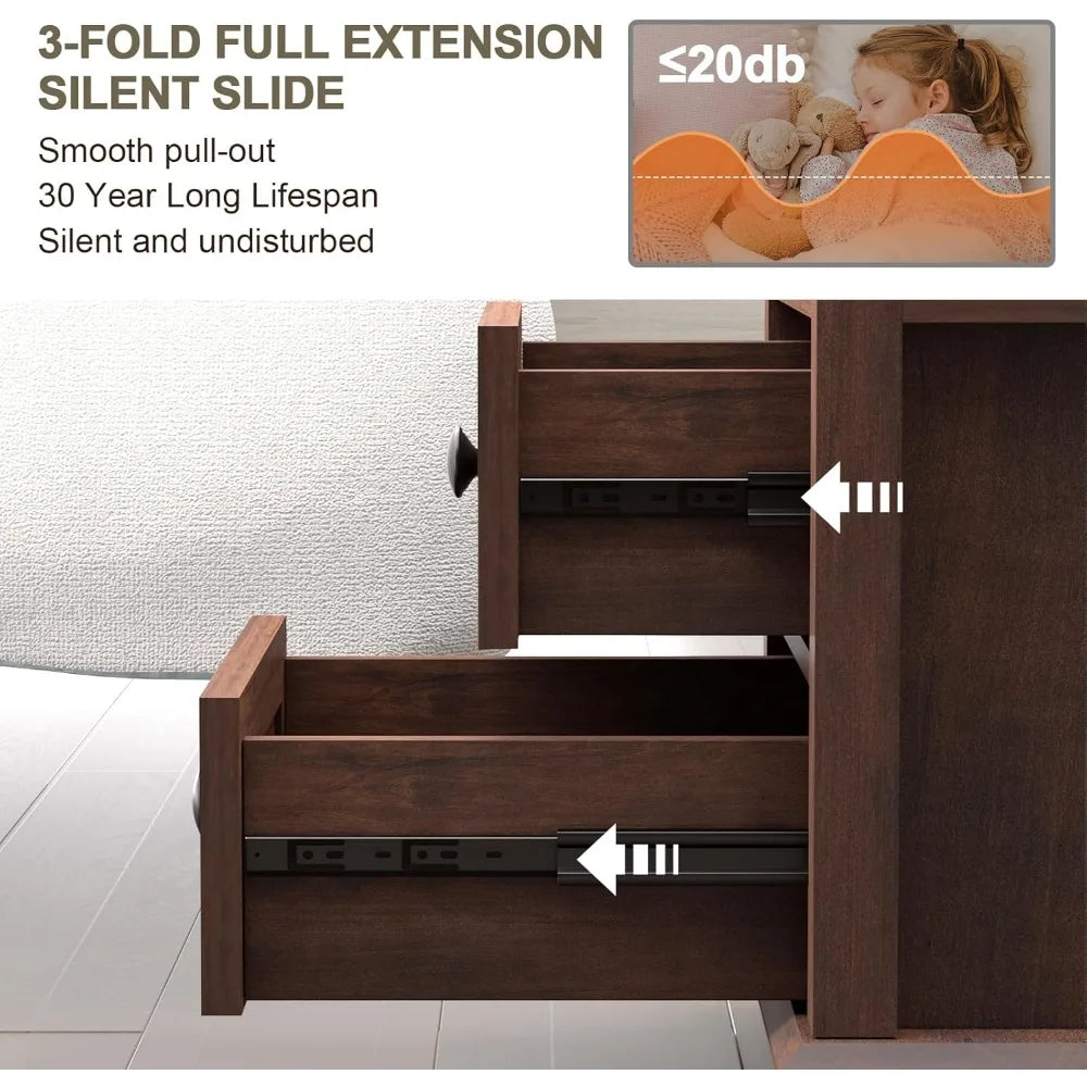 24" Nightstand with Charging Station, End Table with 18W Fast Charge, Side Table with Drawers,Rustic Wood Storage Cabinet with O