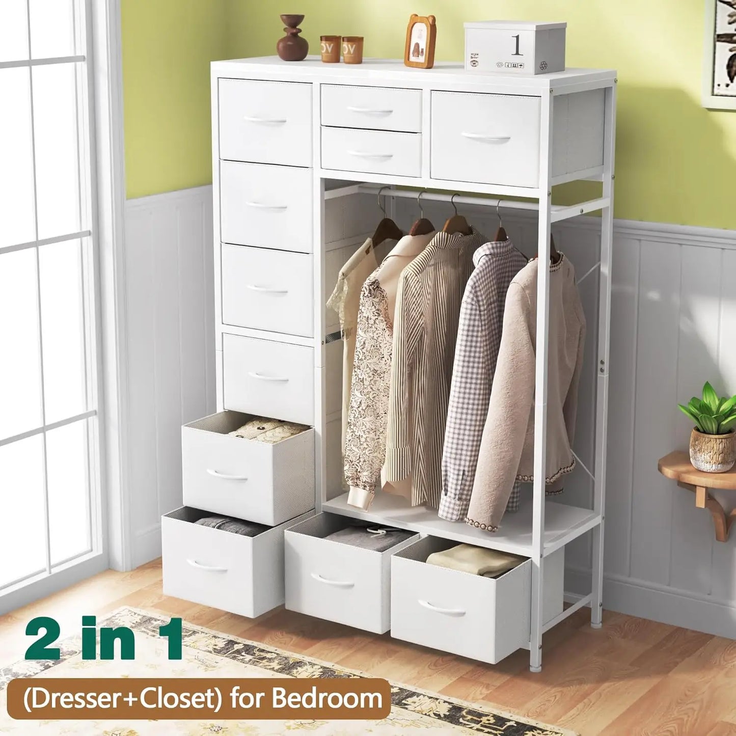 54.6  Tall 2 in 1 Dresser with Hanging Rack  11 Drawers Bedroom Dresser for Closet  TV Stand Dresser with Clothes Rack  Kids Dre