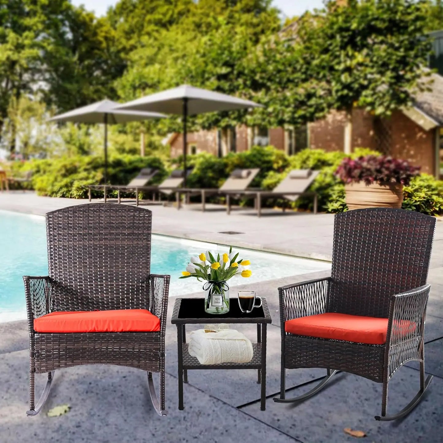 3 Piece Patio Conversation Set, Outdoor Rocking Chairs Set of 2, Wicker Furniture Set with Glass Top Coffee Table and Cushions