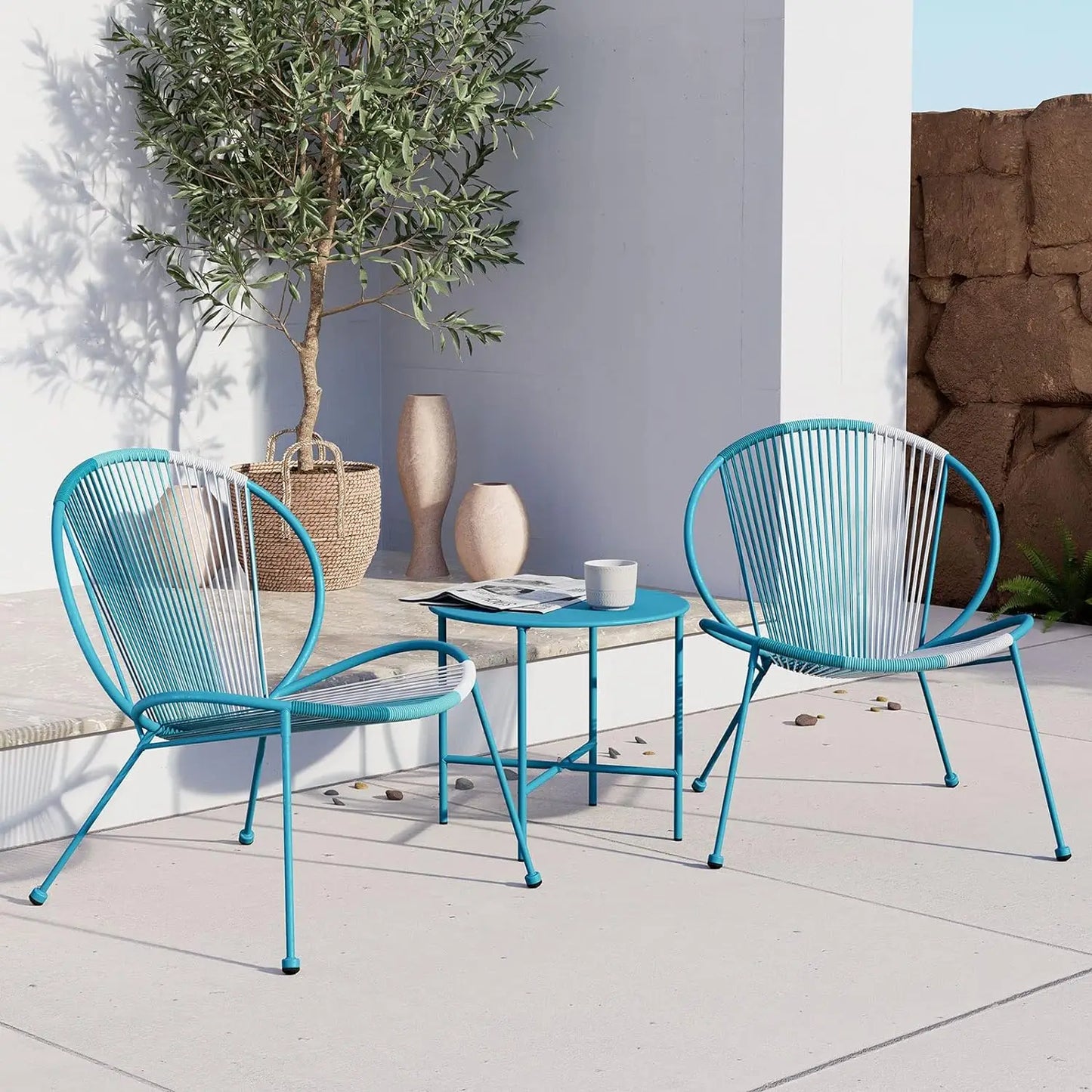 3-Piece Outdoor Acapulco Chair Set, Patio Conversation Low Seat Bistro Sets with Wicker Rope Coffee Table and 2 Chairs