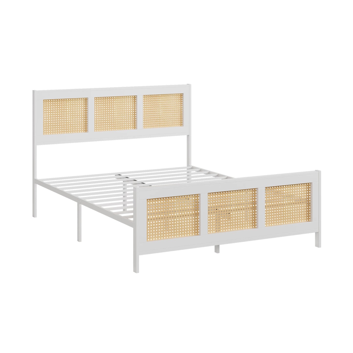 KING/QUEEN/FULL Size Rattan Bed Frame with Headboard, White Boho Cane Platform Bed Frame with Strong Metal Slat, Noise Free