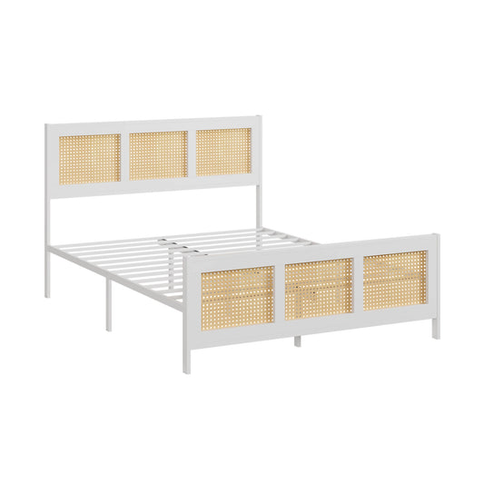 KING/QUEEN/FULL Size Rattan Bed Frame with Headboard, White Boho Cane Platform Bed Frame with Strong Metal Slat, Noise Free