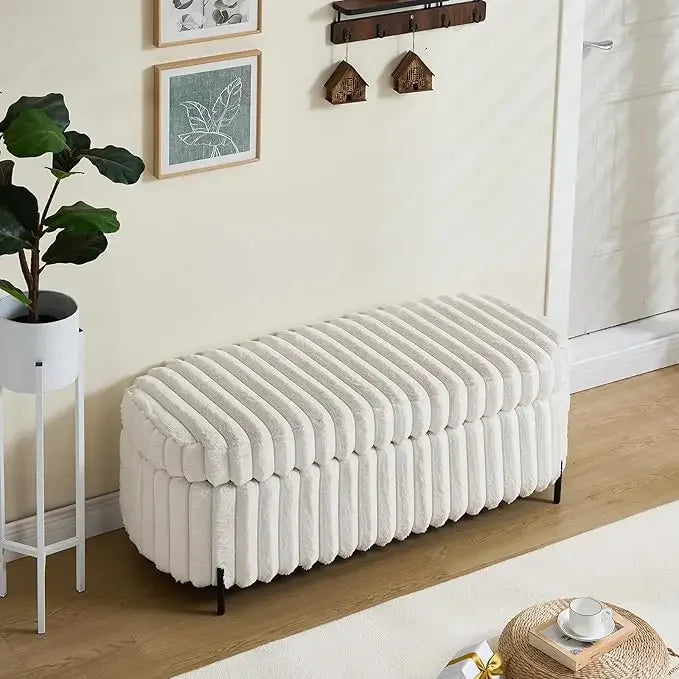 Huanzhuang Faux Rabbit Fur Storage Ottoman Bench Metal Legs