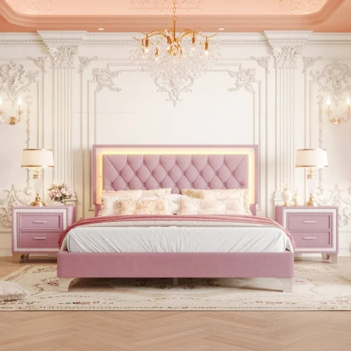 3 Piece Queen Size Upholstered Bed With LED Lights Pink Set