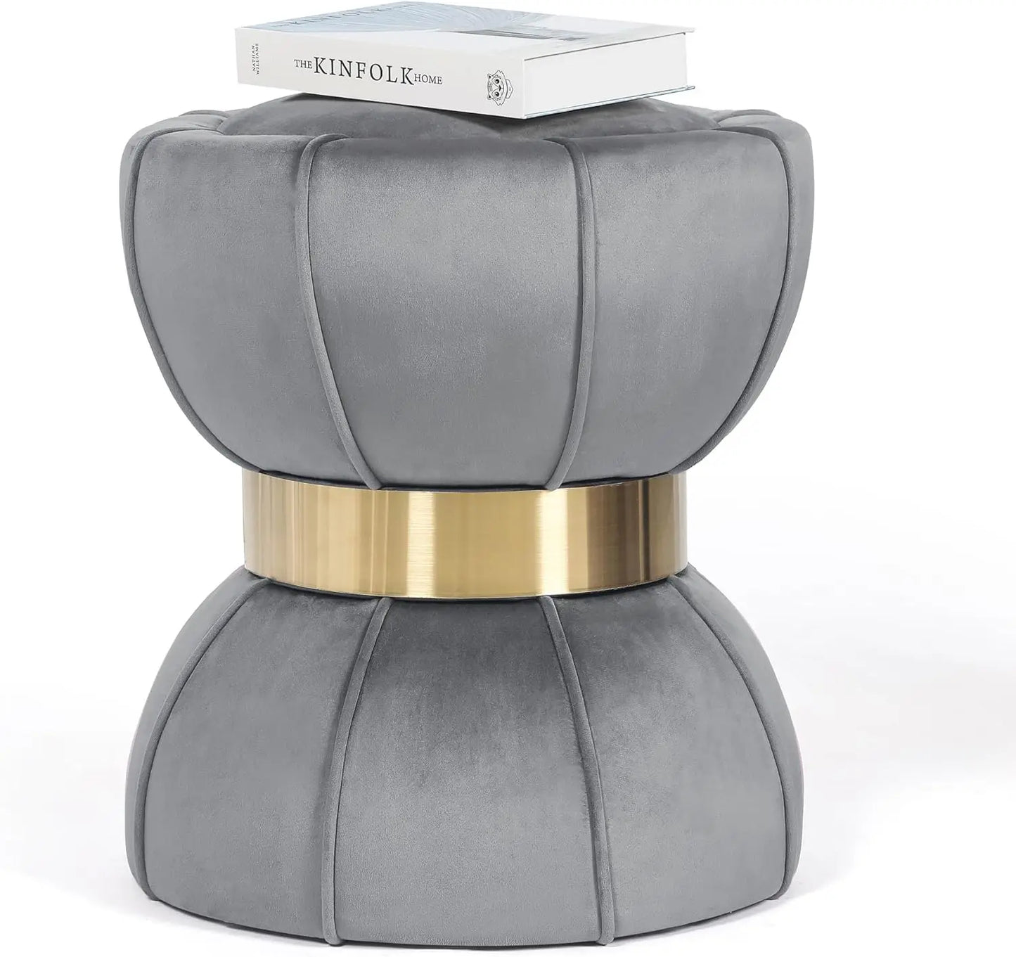 Huanzhuang Round Velvet Ottoman With Metal Band Home Decor