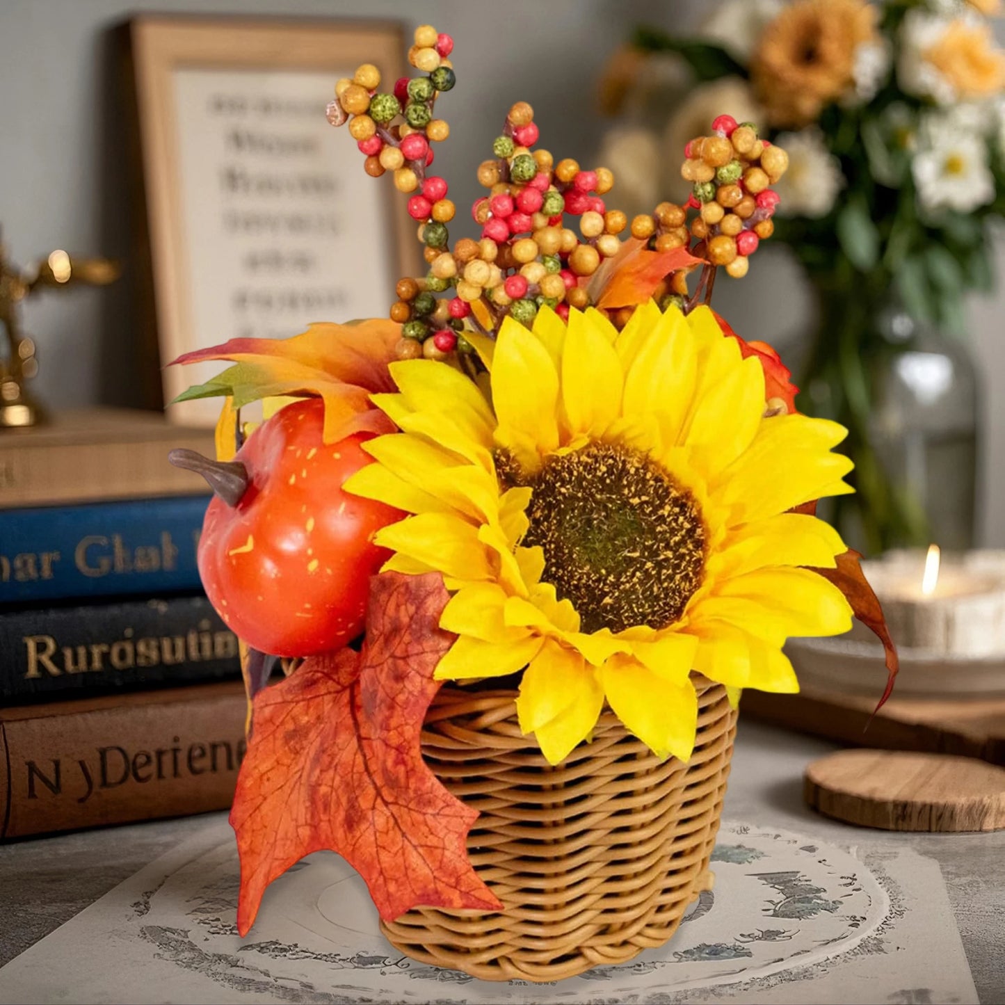 Fall Harvest Centerpiece Decorative Pumpkin and Sunflower Arrangement for Thanksgiving Dinner Table Display