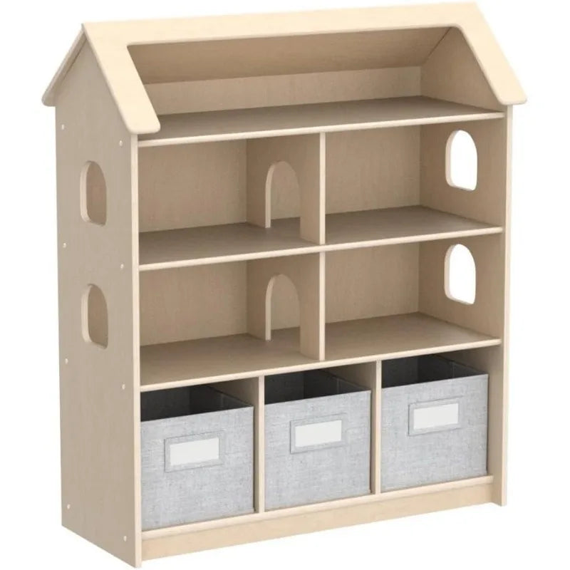 Guidecraft EdQ Dollhouse Bookcase - Natural: Kids' Wooden Organizer Shelves with Removable Storage Bins for Books