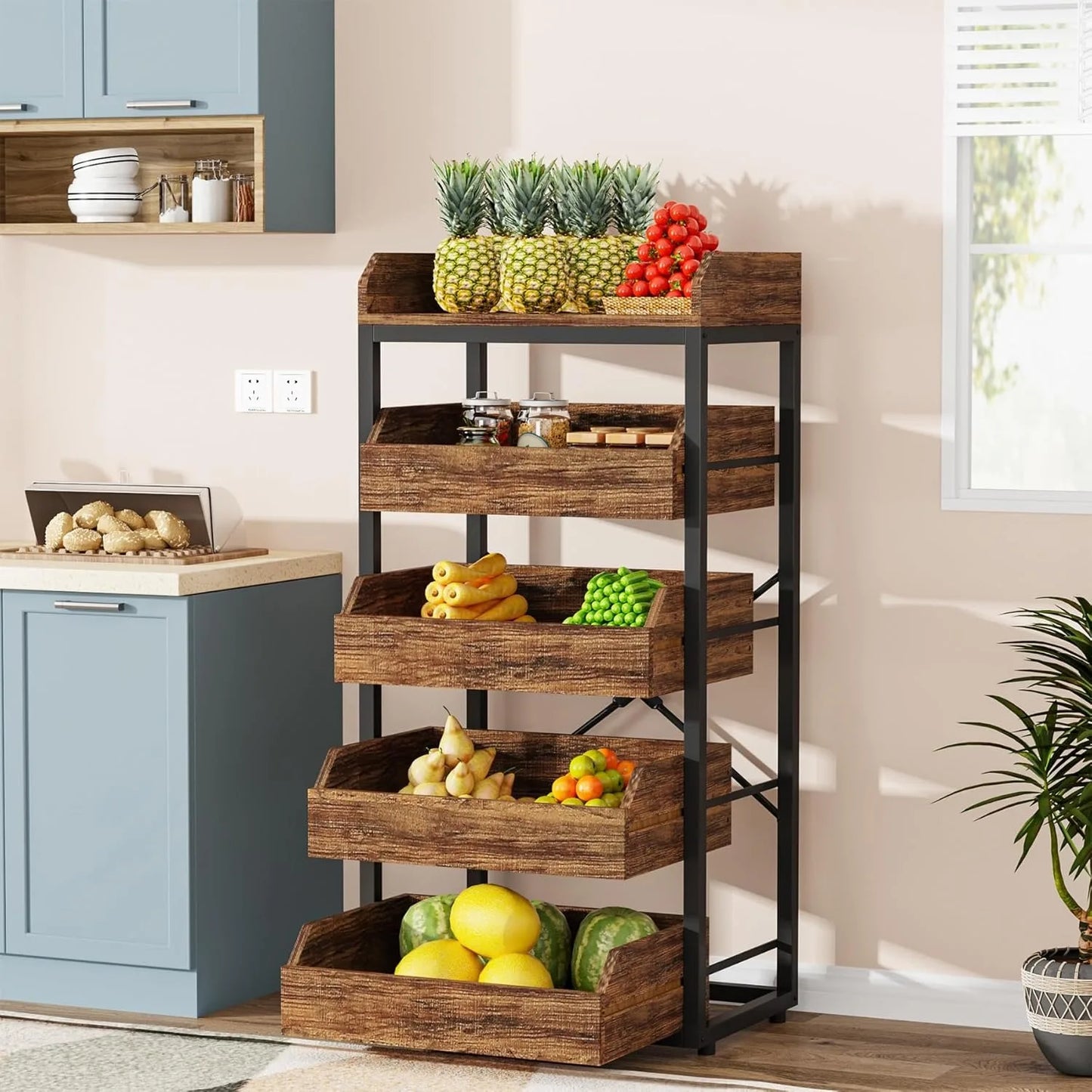 LITTLE TREE Wood Fruit and Vegetable Storage Rack, 5-Tier Pull-Out Snack Stand Fruit Basket Stand,for Kitchen, Living Room