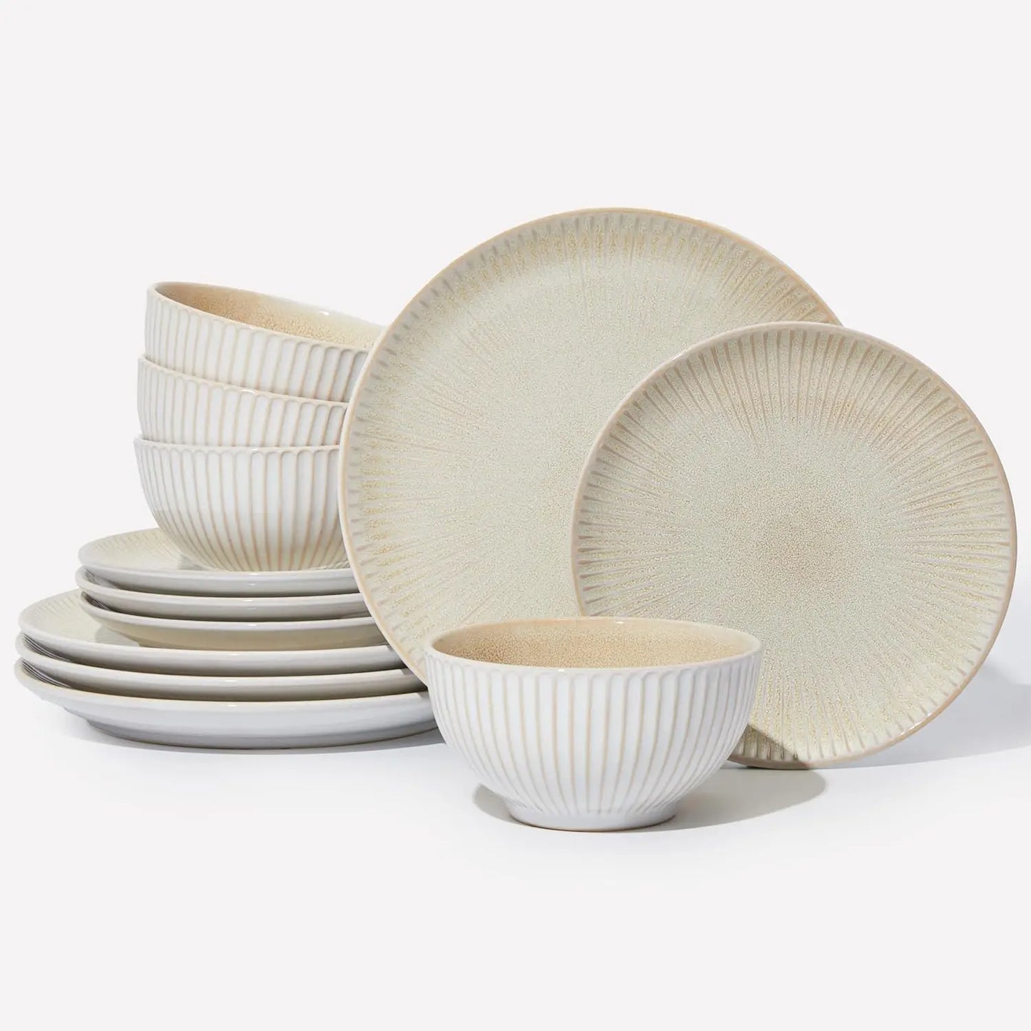 Ceramic Dinnerware Sets for 4, 12 Pieces Embossed Stoneware Plates and Bowls Sets, Scratch Resistant Dish Sets, Distinctive Gran
