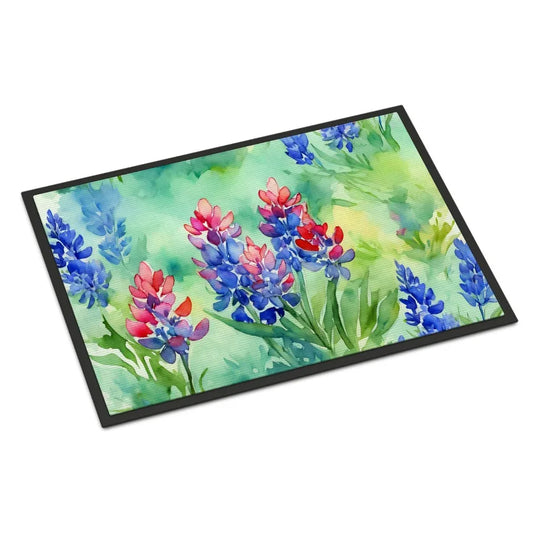 Texas Bluebonnets in Watercolor Doormat Front Door Mat Indoor Outdoor Rugs for Entryway Non Slip Washable Low Pile 24H X 36W