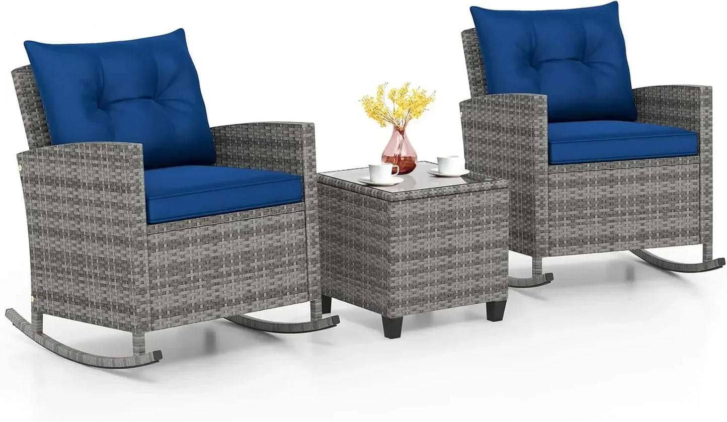 3 Piece Patio Furniture Rocking Bistro Set, Wicker Outdoor Rocking Chairs & Glass Table, PE Rattan Conversation Set
