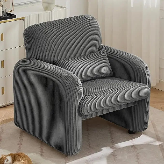 Corduroy Fabric Accent Chair, Modern Upholstered Living Room Chairs with Lumbar Pillow, Wide Comfy Leisure Armchair for Bedroom,
