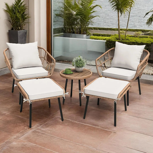 5 Piece Patio Bistro Set, Outdoor Wicker Conversation Set with Ottomans and Side Table, All-Weather Durable Rattan Furniture for