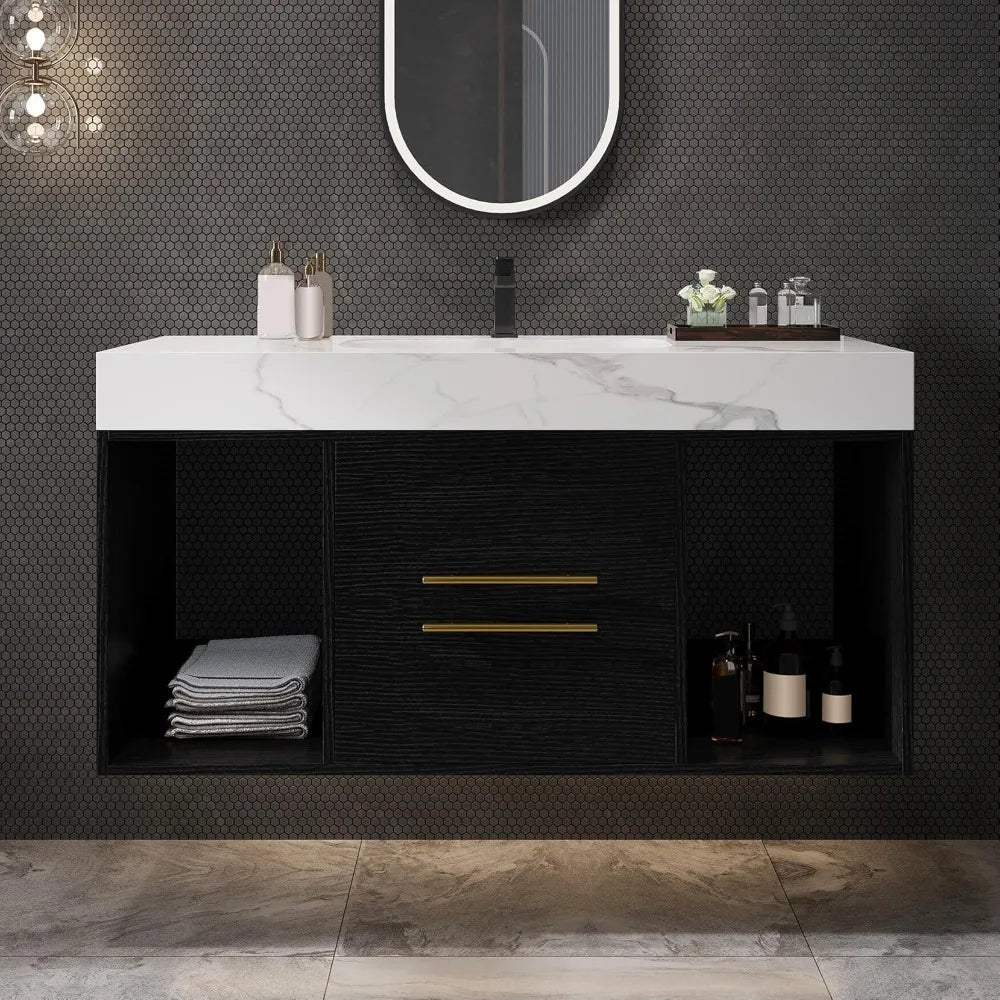 40 inch Modern Floating Bathroom Vanity with Sink, Wall Mounted Bathroom Cabinet with Ceramic Sink, Sintered Stone Countertop