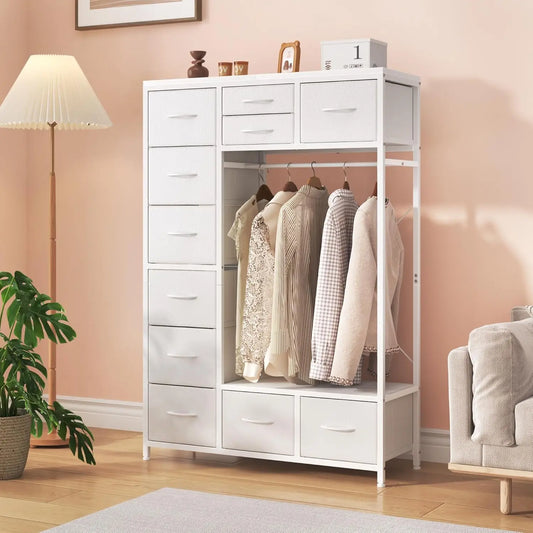 54.6  Tall 2 in 1 Dresser with Hanging Rack  11 Drawers Bedroom Dresser for Closet  TV Stand Dresser with Clothes Rack  Kids Dre