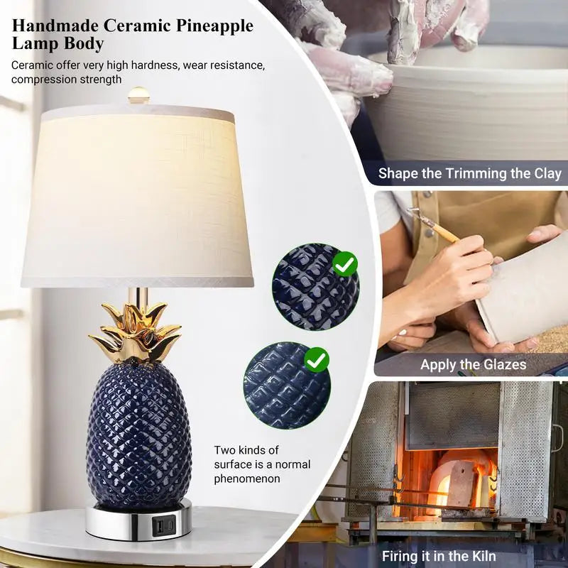 22" Pineapple Table Lamps Set of 2, 3-Way Dimmable Ceramic Lamps for Living Room, Navy Blue Modern Design with USB Port, Tall