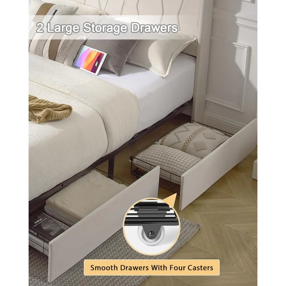 Full Size Bed Frame, Velvet Upholstered LED Platform Bed with Headboard Storage, Bed Frame Full Built-in Charging Station with 4