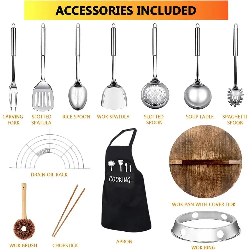 14 Piece Wok Pan Set with Wooden Lid Spatula Brush Kitchen Cookware Stir Fry Utensils Chinese Cooking Essentials
