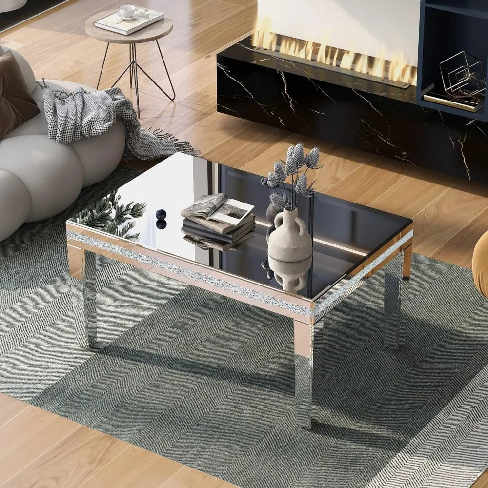 Luxury Silver Mirrored Coffee Table with Crystal Accents
