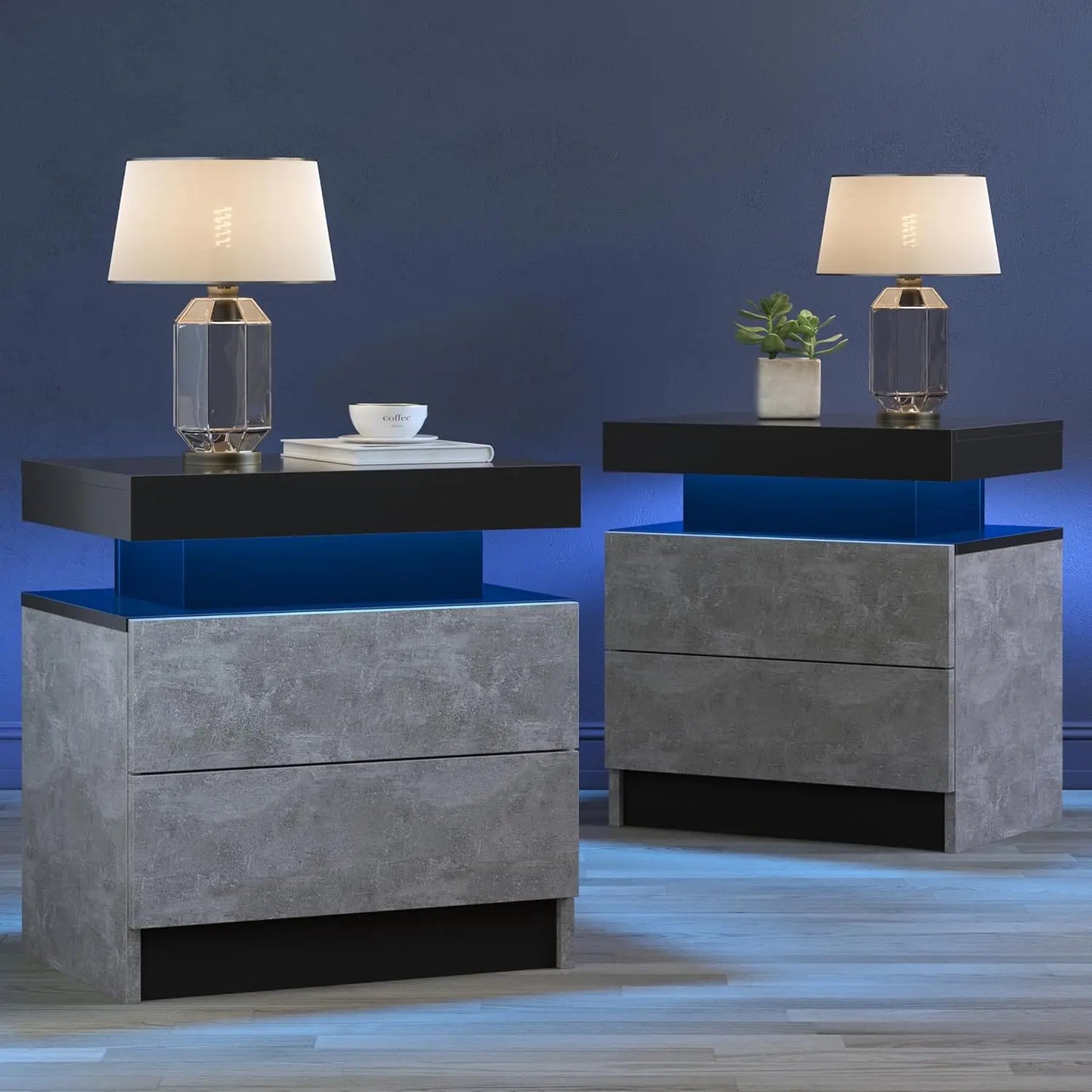 Modern Black LED Nightstand Set of Two for Bedroom