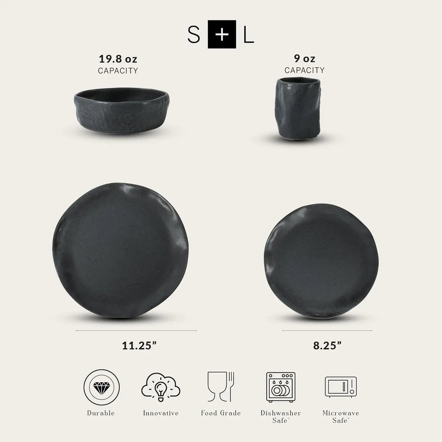 Atik Modern Stoneware 16-Piece Dinnerware Set, Plate and Bowl Set, Dish set for 4, Charcoal Black Speckled