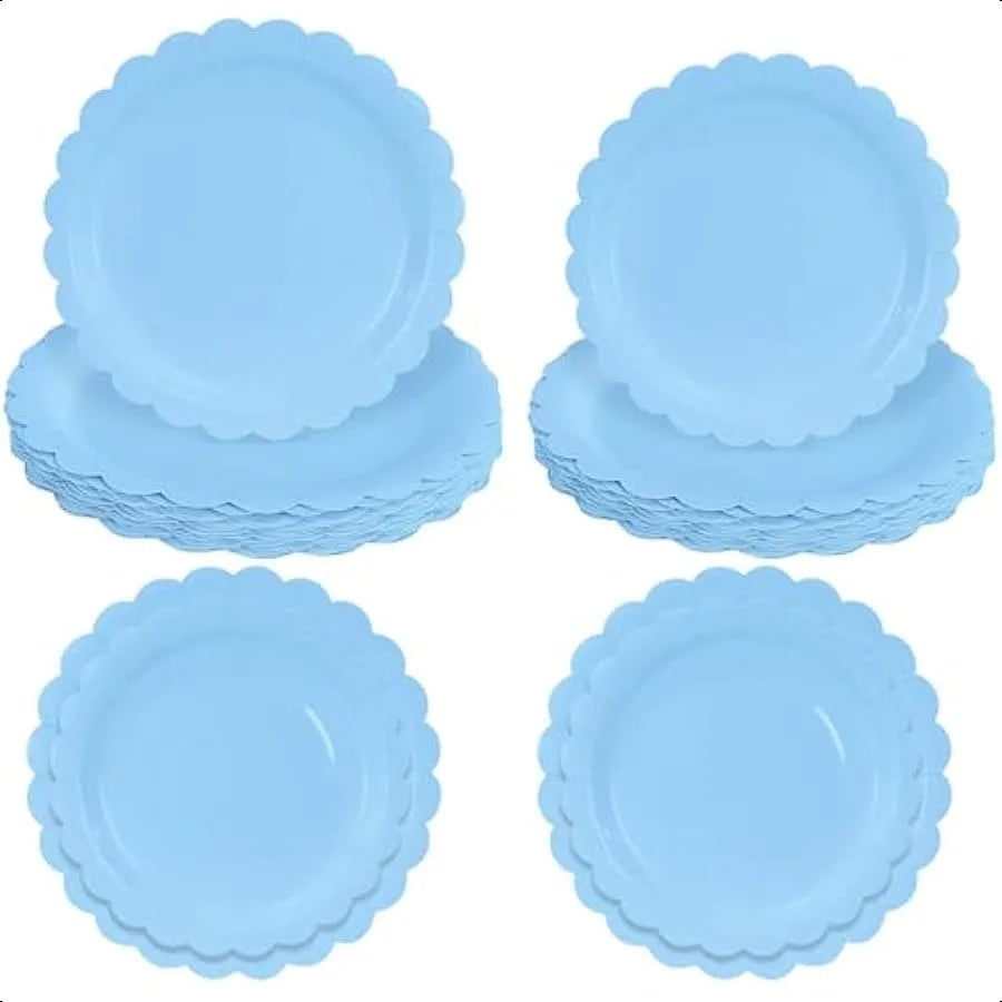 50 Pcs Light Blue Scalloped Paper Plates 7 Inch and 9 Inch Baby Blue Scalloped Dinner Plates for hower Birthday Wedding Party S