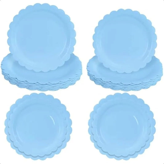 50 Pcs Light Blue Scalloped Paper Plates 7 Inch and 9 Inch Baby Blue Scalloped Dinner Plates for hower Birthday Wedding Party S