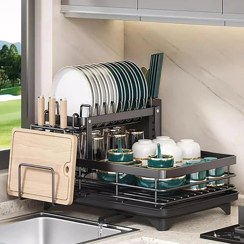 Double-layer dish drying rack suitable for kitchen countertops, capable of holding bowls platesknives cups and cutting boards