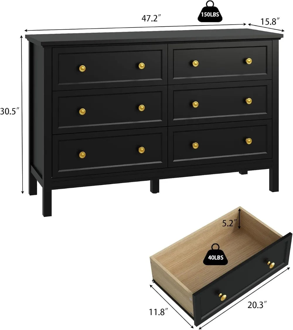Black Dresser for Bedroom, 6 Drawer Dresser with Wide Drawer and Metal Handles, Wood Dressers & Chests of Drawers for Hallway