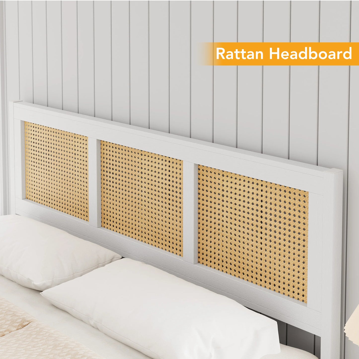 KING/QUEEN/FULL Size Rattan Bed Frame with Headboard, White Boho Cane Platform Bed Frame with Strong Metal Slat, Noise Free