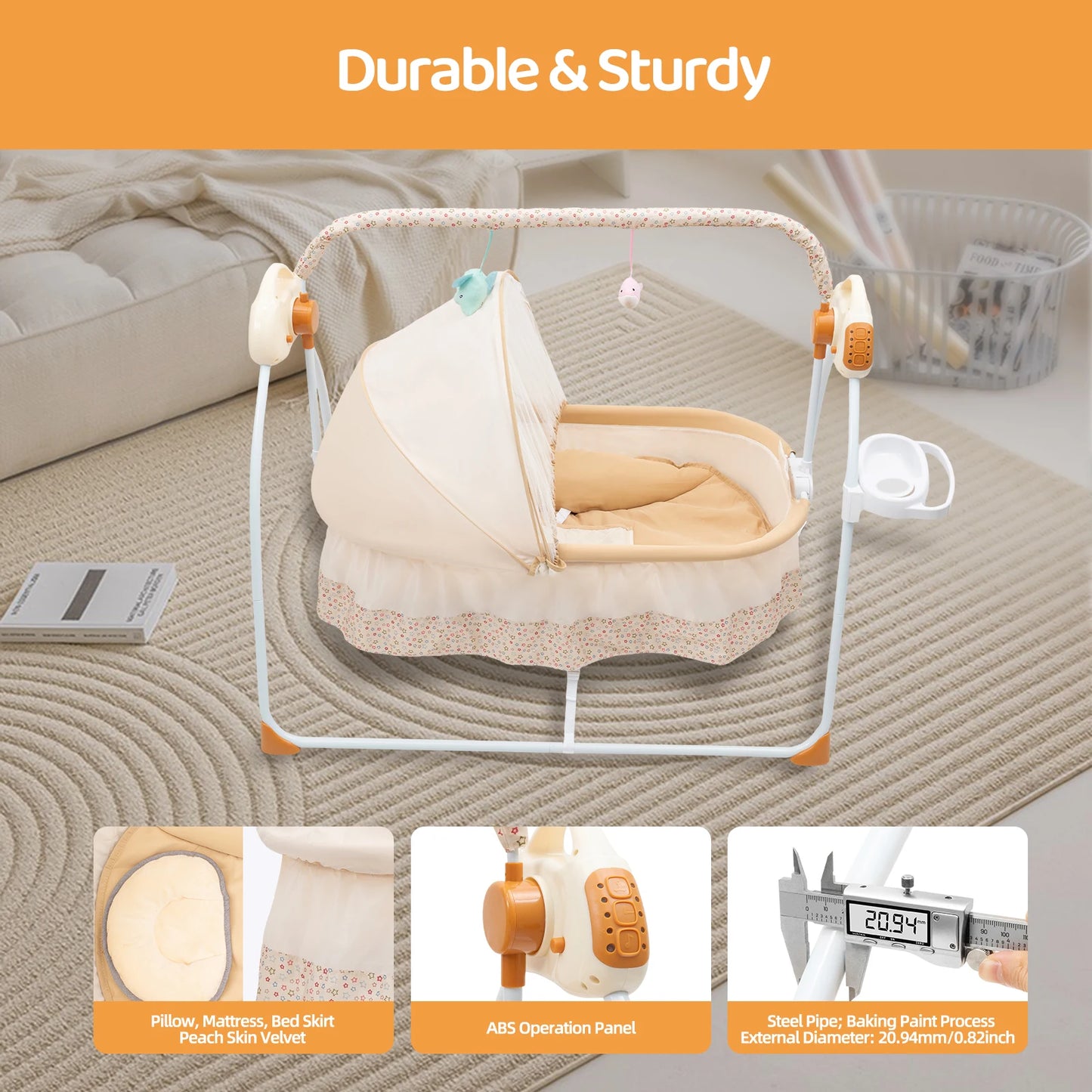 Electric Baby Crib Cradle, 0-18 MonthsInfant Bed Auto Swing with Remote Control/Music 25KG Capacity Foldable Baby Bassinet Khaki