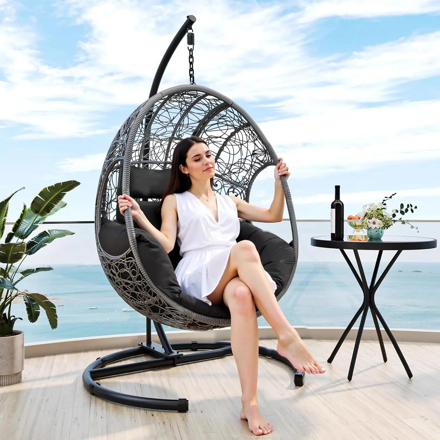 Hanging Egg Chair with Stand, Outdoor Swing Egg Chair with Rain Cover, 400 LBS Capacity All-Weather PE Wicker Swing Chair