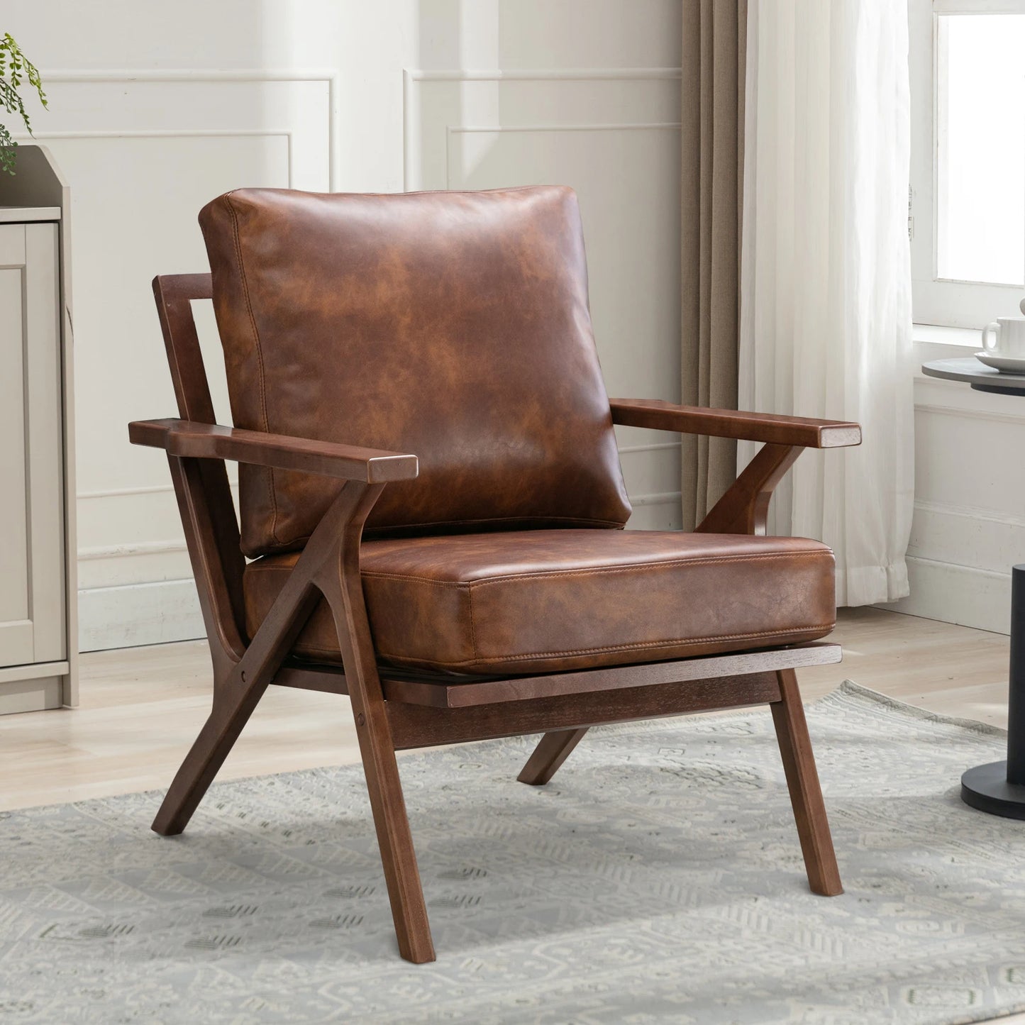Accent Chair with Wood Frame, PU Leather Chair with Removable Upholstered Cushions for Living Room