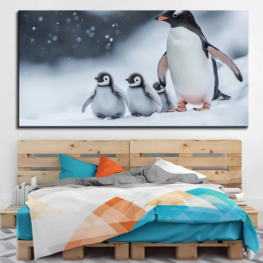 Penguin Photo Art Poster On Pine Frame Wall Decor Artwork