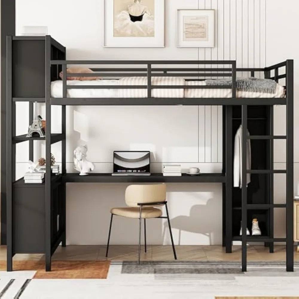 JYH Full Size Loft Bed for Teens and Adults, Metal Loft Bed with Wardrobe and L-Shaped Desk, Heavy Duty Full Bed with Storage Cu