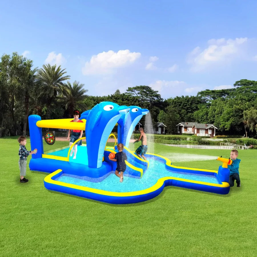 6 in1 Inflatable slide water park trampoline bouncing house outdoor garden with Dolphin sprinkler Target games Water gun Basket