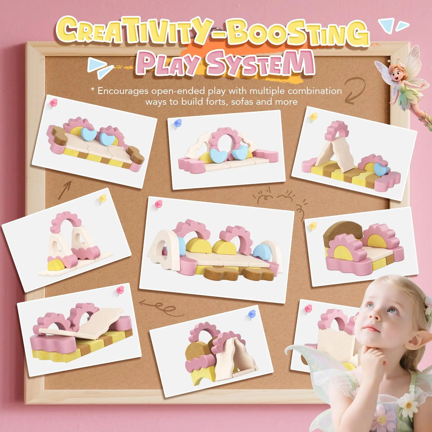 Modular Kids Play Couch 23-Piece, Convertible Toddler Foam Couch Flower Theme