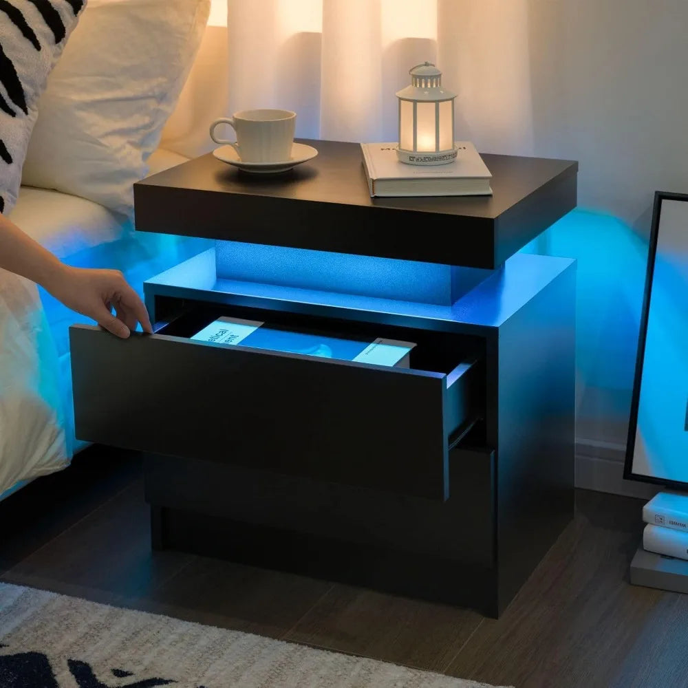 Modern Black LED Nightstand Set of Two for Bedroom