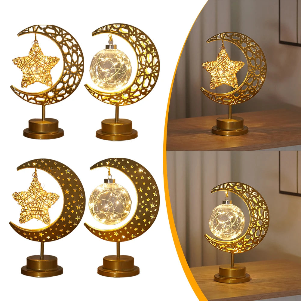 LED Night Light Metal LED Star Moon Light Battery Operated Star Table Lamp Office & Home Decor Eid Mubarak Star Moon Light