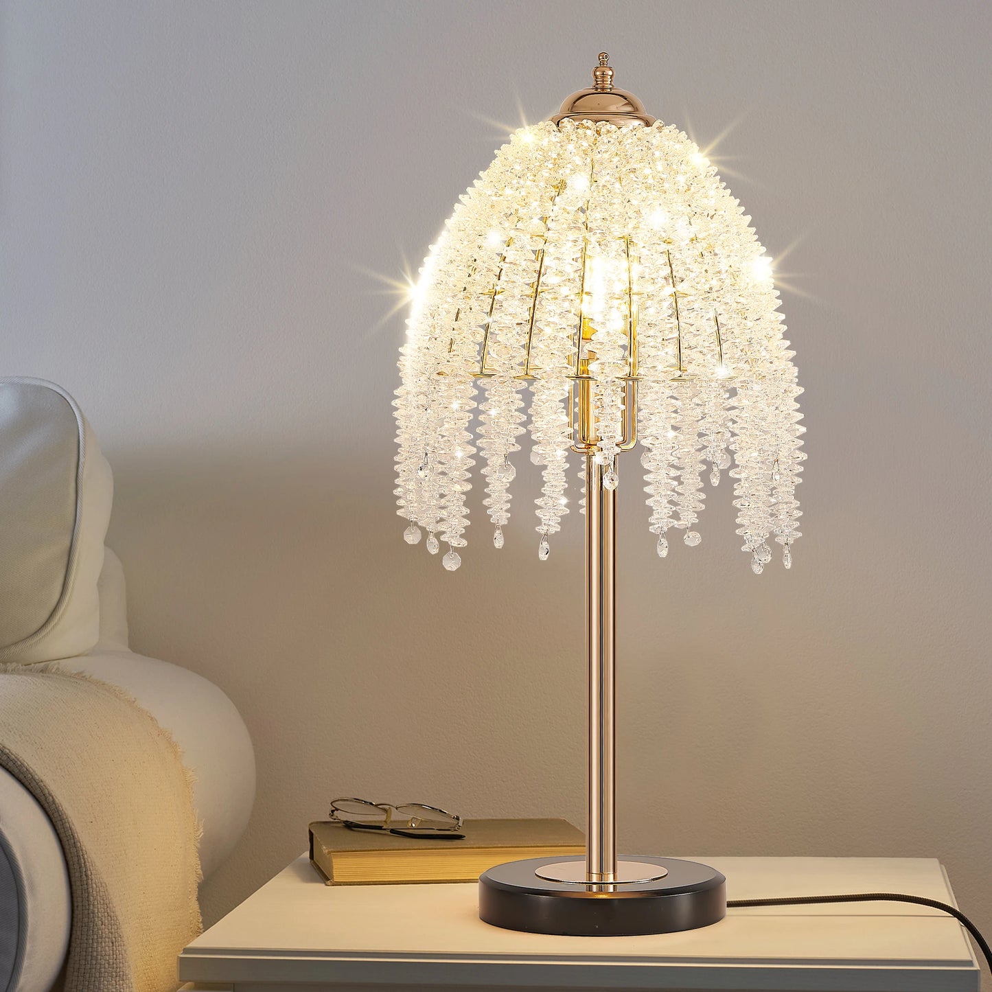 Elegant Crystal Table Lamp Vintage Waterfall Design with Crystal Bead String Shade&Marble Textured Base for Living Room Bedroom